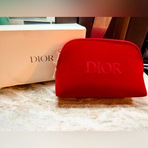 Dior Red Velvet Double Zipper w Gold Hardware Pouch. NIB Zipper pulls SEALED GWP
